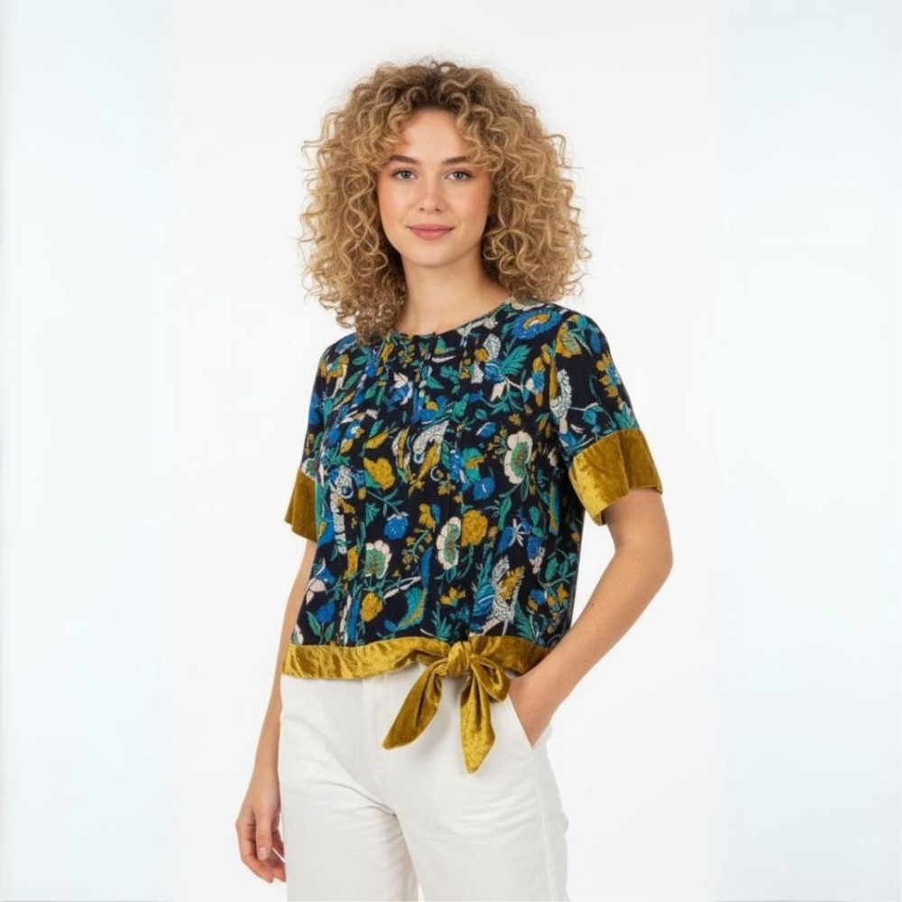 Anthropologie Clara Navy Yellow Floral Velvet Trim Blouse - XXS